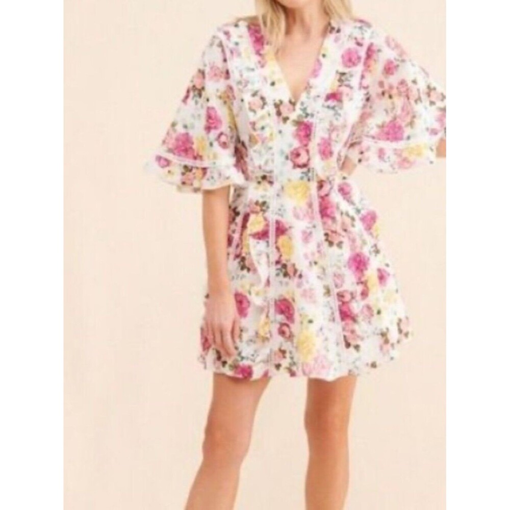 La Maison Talulah Tea Time Mini Dress Floral Linen Tiered Dainty Cottagecore M - Picture 4 of 16